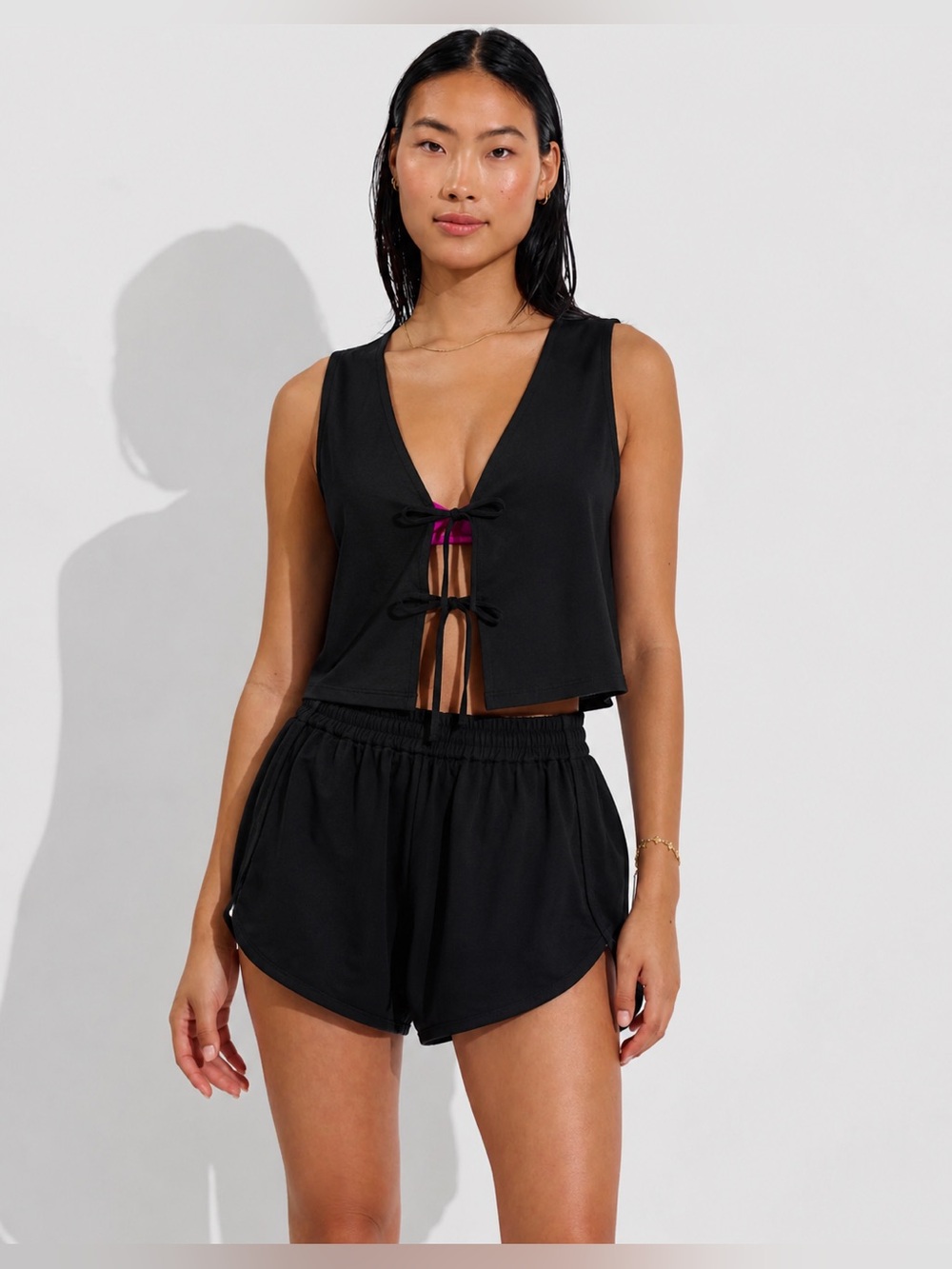 NWT | Left On Friday | Tie Front Cupro Vest Jet (Black) Size Large